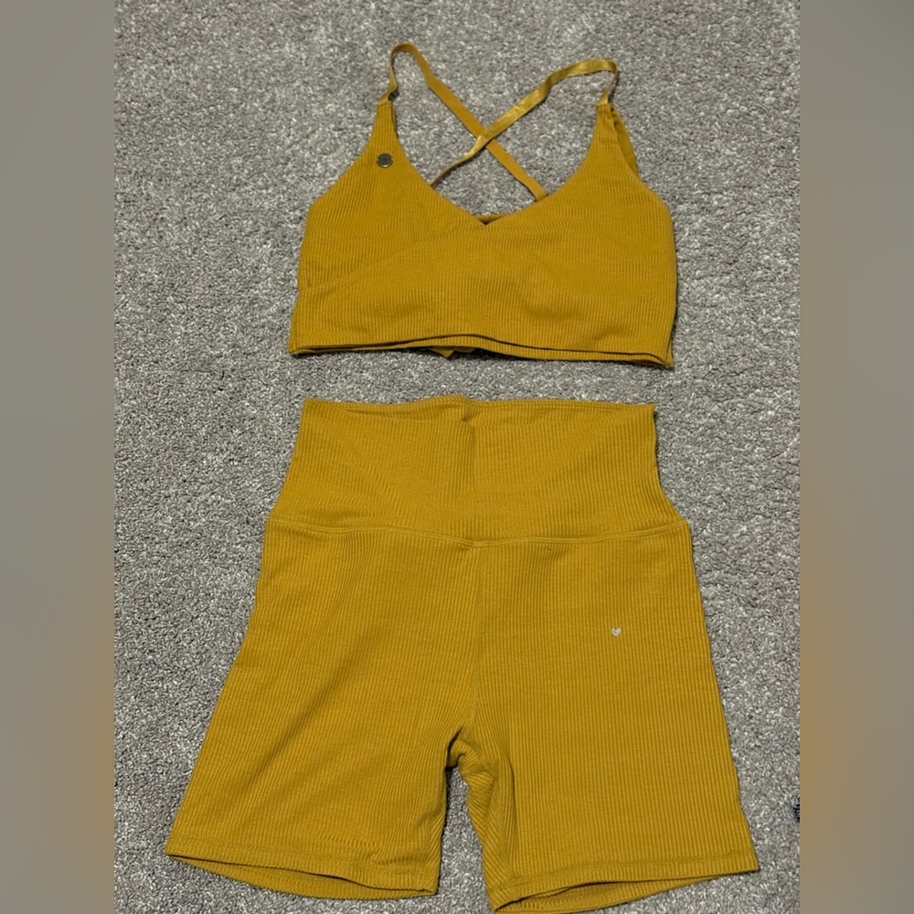 Ribbed Mustard Yellow Sports Bra and High-Waist Shorts Set